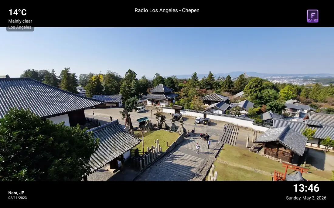 Android digital photo frame app screenshot showing Nara, Japan with weather and time overlays