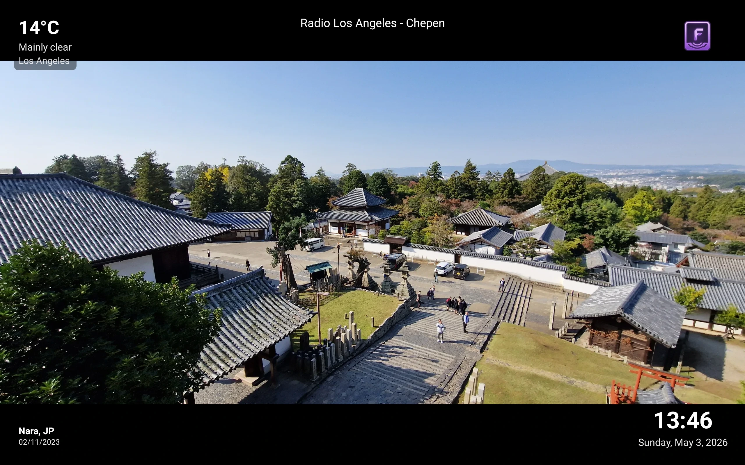 Android digital photo frame app screenshot showing Nara, Japan with weather and time overlays