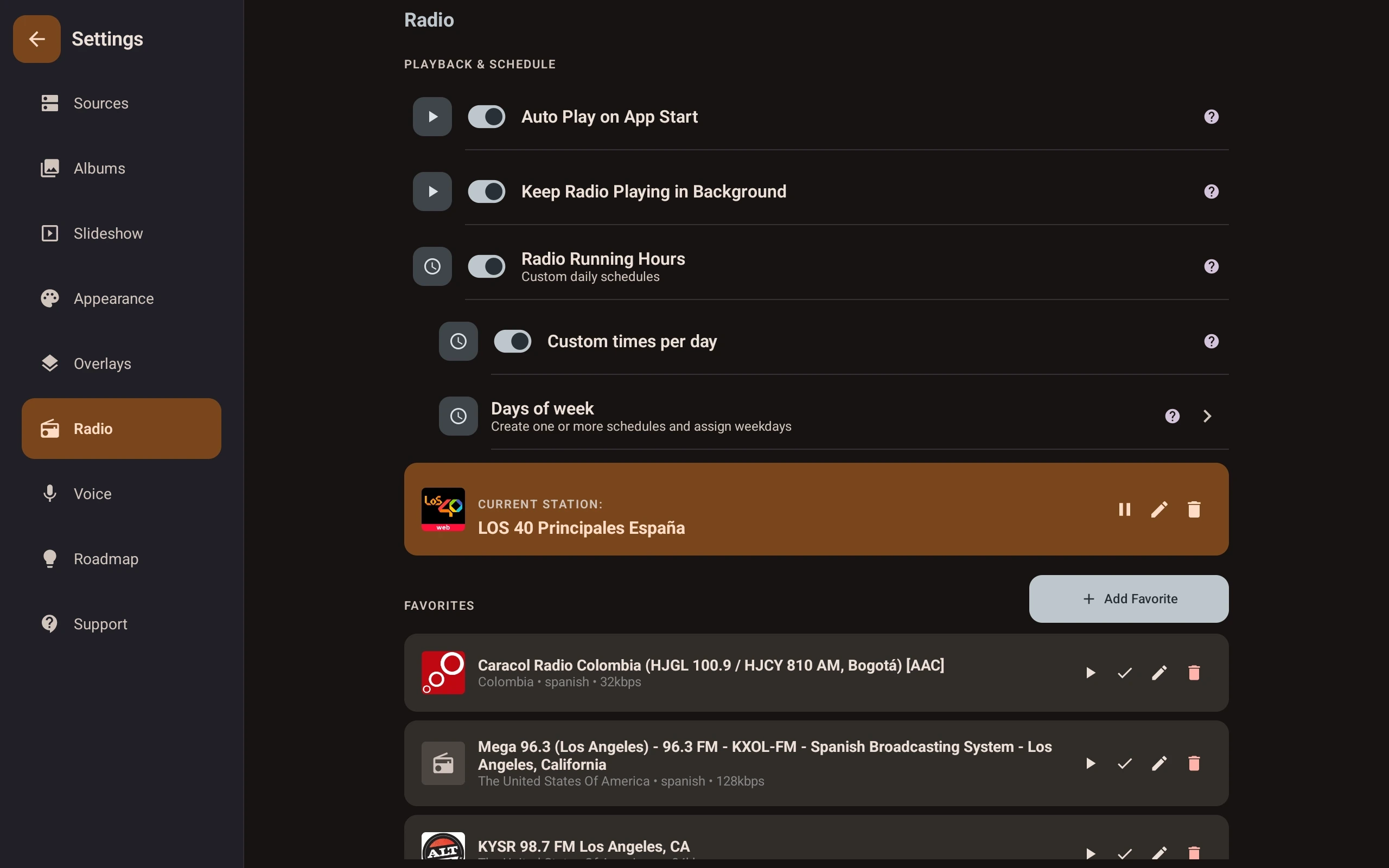 Fravora Android photo frame app radio settings screen showing station favourites and scheduling